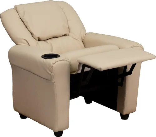 Vista 10 de Flash Furniture - Sillón reclinable contemporáneo para niños, color beige vinilo con base para vasos y reposacabezas
