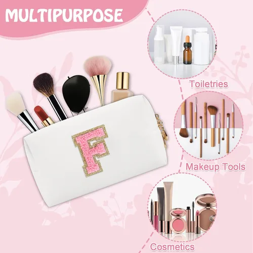 Vista 4 de Biileen Bolsa de Maquillaje Preppy Personalizada con Inicial Pequeña Bolsa de Viaje Linda con Letra de Chenilla, blanco-1, F