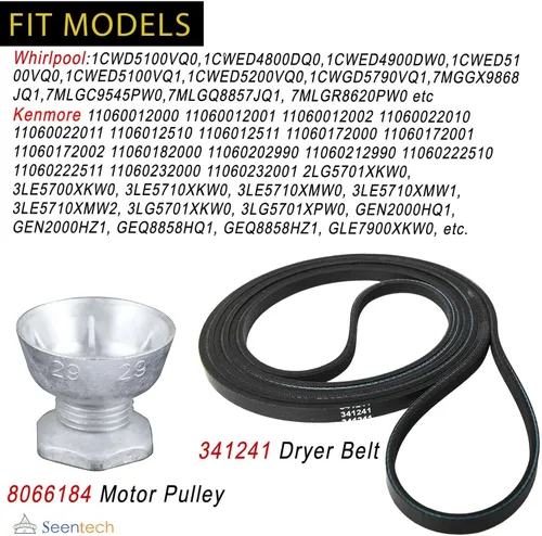 Vista 3 de Seentech 341241 Correa de secadora y polea de motor 8066184 - Compatible para secadoras Whirlpool, Kenmore – Reemplace
