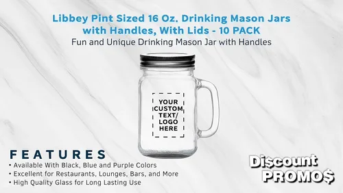 Vista 2 de DISCOUNT PROMOS Tarros de masón con mango Libbey personalizado con tapa de 16 onzas, juego de 10, paquete personalizado a granel