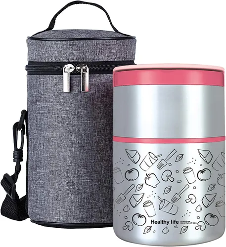Vista 7 de Lille Home Caja de almuerzo/merienda térmica apilable de acero inoxidable aislada al vacío, contenedor Bento/de comida de 2 niveles con bolsa