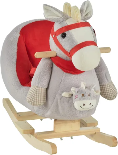 Vista 10 de Qaba Juguete de caballo mecedora para niños, balancín con canción de cuna, títeres de mano y tela de felpa suave para niños de 18 a 36 meses