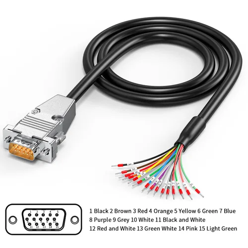 Vista 2 de Conector DB9 macho a cable desnudo, cable serie DB9, cable de extensión serie de 9 pines 26AWG 10FT-3M, los 9 cables equipados con bloques de DB15