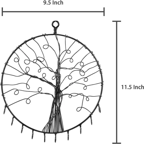 Vista 4 de MyGift Soporte redondo de metal para colgar en la pared, diseño de silueta de árbol de metal, aretes y ganchos para collares, negro
