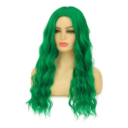 Vista 2 de Peluca larga y ondulada verde para mujer, parte media, disfraz de cosplay, peluca de repuesto de cabello sintético