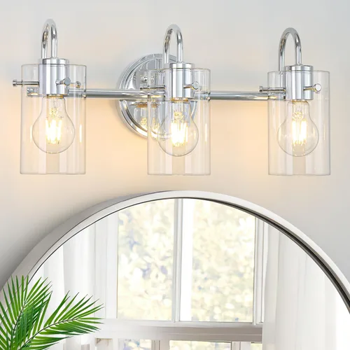 Vista 11 de 3 luces de tocador, lámparas de pared de baño negro mate sobre el espejo, aplique de pared moderno con pantalla de vidrio transparente, lámpara