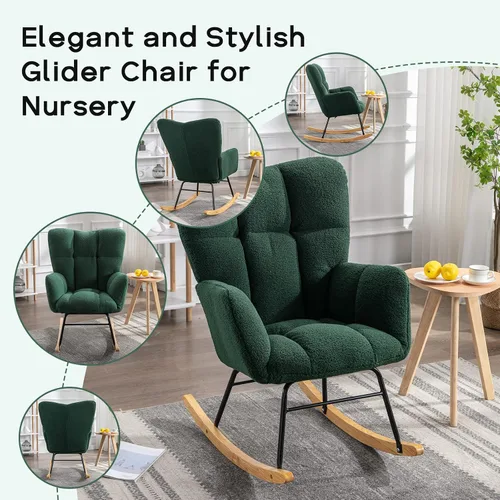 Vista 4 de Silla mecedora moderna para cuarto de bebé, silla deslizadora tapizada con respaldo alto, sillón de acento mecedor con patas de madera maciza