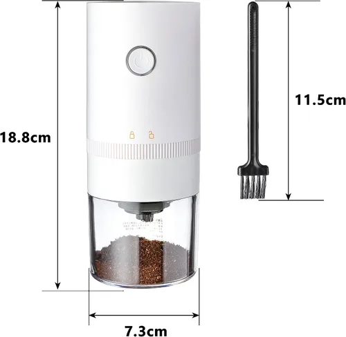 Vista 2 de Molinillo de café eléctrico con rebabas cónicas de acero inoxidable, portátil, molinillo de café compacto con ajustes ajustables precisos (blanco)