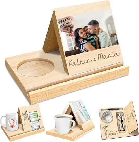 Vista 9 de Soporte de libro triangular de madera de roble macizo con diseño de flor de nacimiento, estantería personalizada con nombre de texto grabado