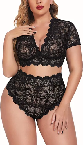 Vista 7 de Avidlove Conjunto de lencería de talla grande con encaje floral y ribete festoneado en V profundo con brasier de encaje en toda la prenda ropa sexy