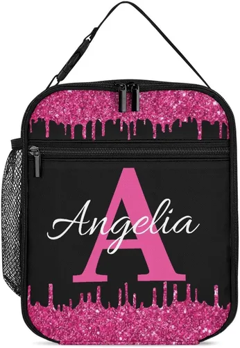 Vista 23 de Bolsa de almuerzo con nombre personalizado para hombres y mujeres, con monograma de purpurina azul, hielera, portátil, con nombre, para niñas
