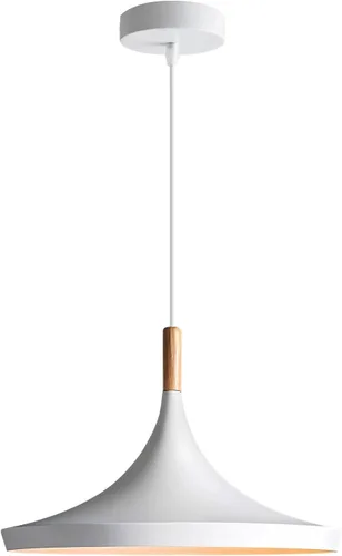 Vista 11 de BOKT Lámpara colgante moderna de cono blanco – Mini accesorio colgante de granero individual, vintage de mediados de siglo, 15.4 pulgadas de alto