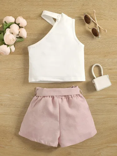 Vista 2 de SheIn Conjunto asimétrico de dos piezas para niña sin mangas y pantalones cortos