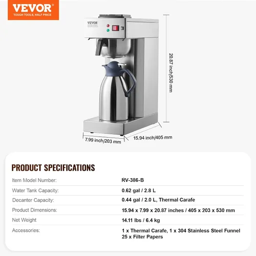 Vista 7 de VEVOR Cafetera de goteo comercial de 12 tazas, cafetera con jarra térmica para mantener el calor o el frío, cafetera de acero inoxidable