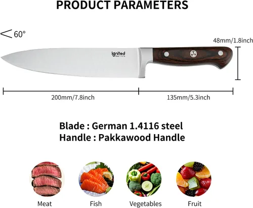Vista 2 de Cuchillo de chef profesional de 8 pulgadas, 1.4116 alemán de acero de alto carbono, cuchillo de chef con mango de madera de Pakkawood, cuchillo