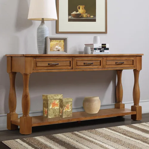 Vista 32 de JIVOIT Mesa consola rústica y elegante, mesa de consola rectangular de madera con cajones de almacenamiento y estante inferior para entrada Blanco