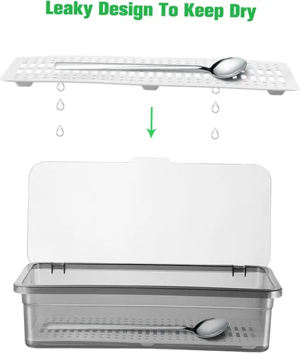 Vista 9 de Tofficu Soporte de plástico para palillos con tapa y drenaje, organizador de utensilios negro para encimera de cocina, 10.62 x 4.52 x 2.63 pulgadas