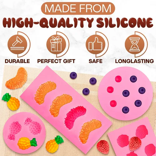 Vista 3 de 5 moldes de frutas de silicona, mini moldes de goma de silicona de 1 pulgada con 5 formas realistas de moldes de frutas 3D, diseño de fácil