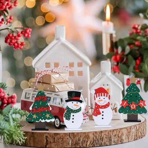 Vista 2 de DECSPAS Decoraciones navideñas para interiores, 4 piezas de árboles de Navidad de madera y muñecos de nieve para decoración de mesa de centro