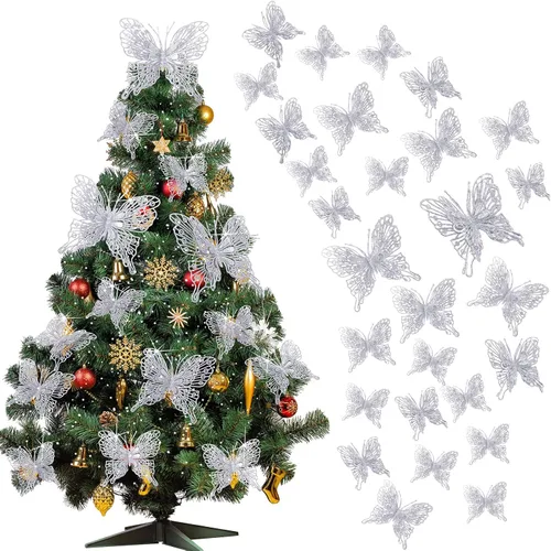 Vista 8 de Charniol 36 piezas de 3 tamaños para árbol de Navidad, decoraciones de mariposa hueca con purpurina, adornos colgantes con clips para manualidades