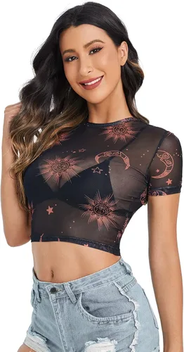 Vista 3 de Sweatyrocks - Blusa de manga corta de tela de malla transparente para mujer