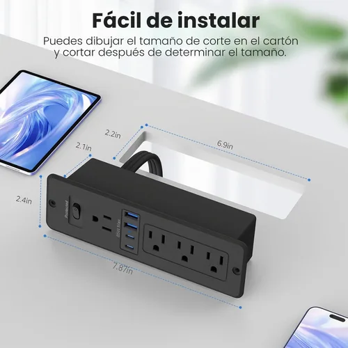 Vista 6 de Regleta de alimentación empotrable USB C GaN de 65W, 4 tomas de CA y 2 USB-C PD + 2 USB-A QC, estación de carga oculta de montaje empotrado