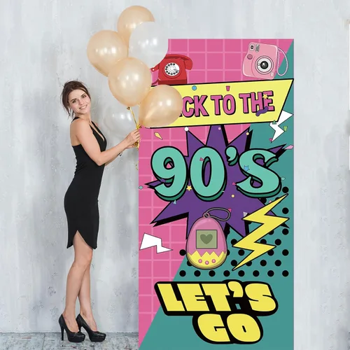 Vista 6 de Cartel de regreso a la puerta de los 90 Decoraciones retro de fiesta de los años 90 para hombres y mujeres Suministros de fiesta de telón
