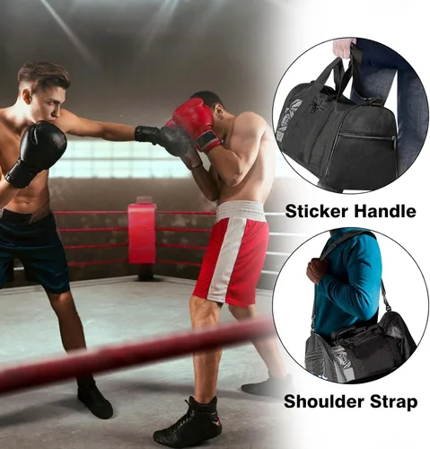 Vista 6 de Bolsa de boxeo de malla con correa de hombro desmontable, bolsa de lona transpirable para ropa y equipo sudoroso, bolsa de entrenamiento duradera