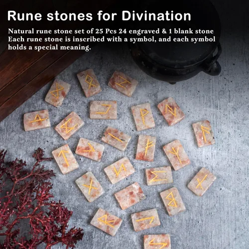 Vista 8 de Crocon Runas de piedras preciosas con forma rectangular de piedra solar con alfabeto de Futhark de élder grabado, juego de 25 runas de cristal