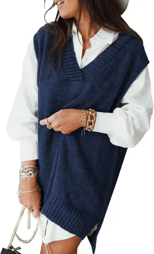 Vista 15 de EVALESS Chaleco Suéter de Gran Tamaño para Mujeres Cuello en V Sin Mangas Color Sólido Suéter Pullover Suelto 1 caqui.