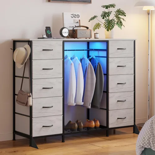 Vista 10 de LUMTOK - Cómoda de 55 pulgadas de ancho con estante para colgar, 10 cajones de tela y ganchos para dormitorio