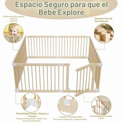Vista 3 de Corralito grande de madera para bebés, puerta ajustable para niños pequeños y bebés, valla resistente, patio de juegos para bebés con puerta, área