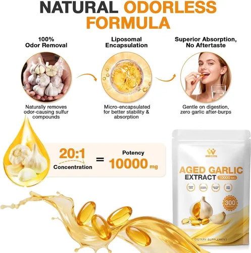 Vista 2 de Extracto de ajo envejecido 300 cápsulas – 10000 mg de alta potencia, inodoro, suplemento de ajo para la salud del corazón, apoyo inmunológico