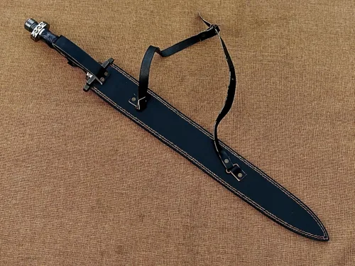 Vista 7 de Espada vikinga de acero de Damasco forjada a mano, espada medieval hecha a mano con funda de cuero.