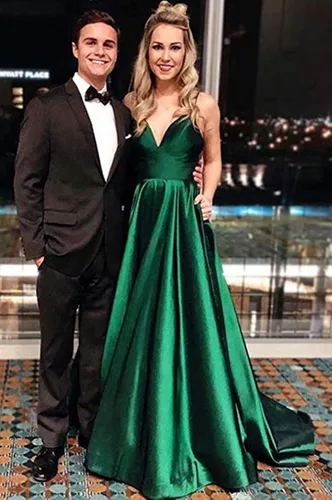 Vista 7 de Vestidos largos de satén con tirantes delgados vestido de dama de honor acampanado cuello en V vestidos formales de noche para mujer