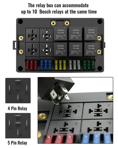 Vista 3 de Caja de relé de fusibles de 12V con 15 fusibles y 10 relés y terminales, 15 ranuras para fusibles y 10 ranuras para relés de 4/5 pines, soporte