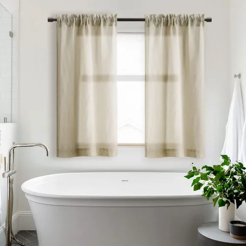 Vista 5 de Cortinas rústicas para ventana de cocina, cortinas de lino transparentes con bolsillo para barra para ventanas cortas, juego de 2 paneles, 42