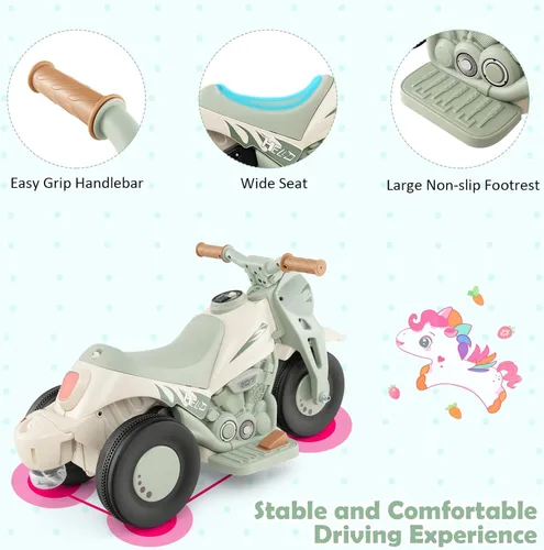 Vista 4 de Honey Joy Motocicleta de juguete, motocicleta para niños pequeños de 6 V con burbujas, luz LED, música, pedal de pie, adelante/atrás, motocicleta