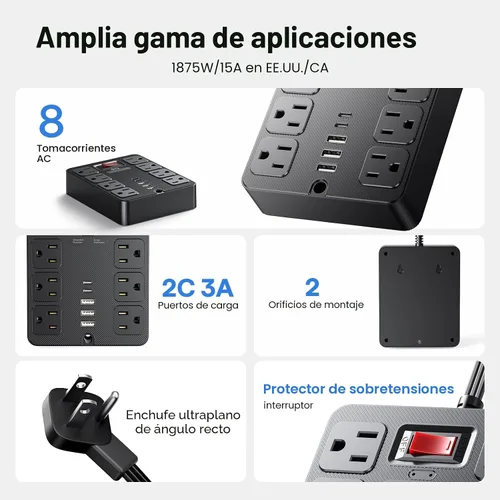Vista 8 de Tira de alimentación con protector de sobretensiones 13 en 1, enchufe plano, 8 salidas de CA amplias, 3 puertos USB, 1250 W/10 A, cable de extensión