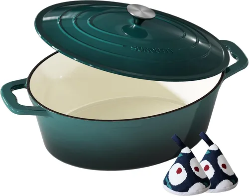 Vista 18 de Horno holandés de hierro fundido esmaltado, olla de 7.5 cuartos de galón con tapa y agarraderas de algodón, utensilios de cocina resistentes