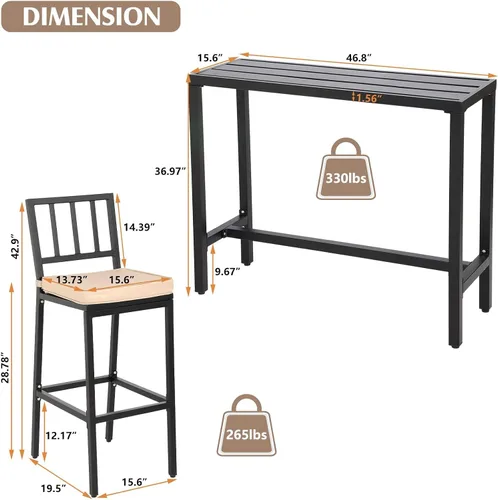 Vista 6 de Sillas y mesa de bar para exteriores, juego de bar de metal para patio, 3 piezas con taburetes y cojines, patio trasero, porche, bistró, balcón Negro
