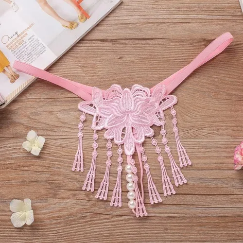 Vista 6 de Tangas de encaje sexy con borlas de perlas para mujer, ropa interior de tiro bajo con espalda en T