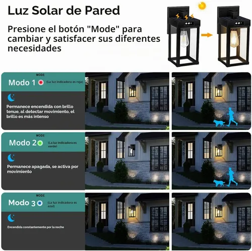 Vista 3 de AEQ Luces solares de pared para exteriores, aplique de pared solar con 3 modos de iluminación y sensor de movimiento, luz de porche impermeable