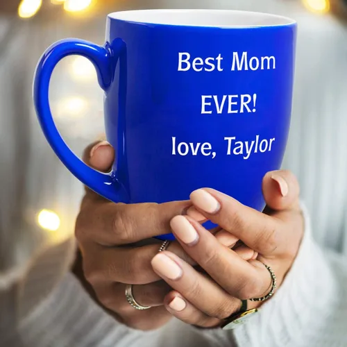 Vista 6 de PlaqueMaker Taza de café Bistro de cerámica personalizada, texto grabado con láser, 16 onzas (azul)