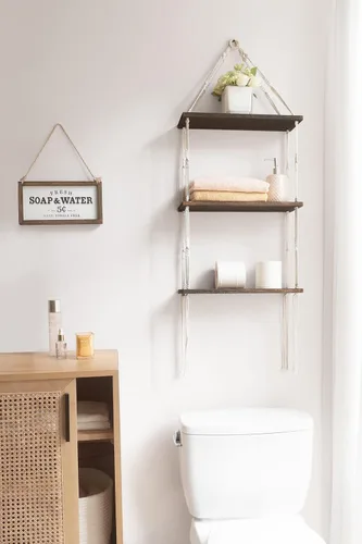Vista 2 de Mkono Estante colgante de pared de macramé, estantes flotantes de madera de 3 niveles con bonita cuerda tejida, decoración bohemia para habitación