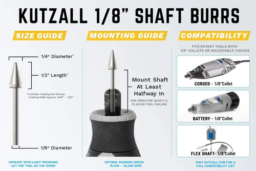 Vista 3 de Kutzall Rebaba giratoria cónica extrema, eje de 1⁄8", muy gruesa - Broca para tallado de madera para Dremel, Foredom, DeWalt, Milwaukee. Carburo