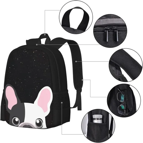 Vista 4 de UIACOM Mochila escolar para perros, linda mochila de bulldog francés en galaxia, para adolescentes, niños y niñas, grande de 17 pulgadas, bolsa