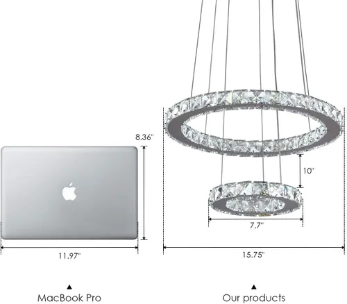 Vista 6 de Candelabros modernos de cristal, regulables, redondos, con control remoto, 2 anillos, lámpara colgante de techo LED para vestíbulo, comedor, sala