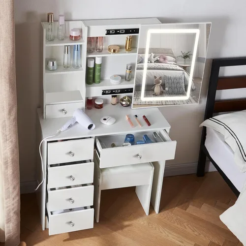 Vista 6 de Escritorio blanco cálido con espejo iluminado LED, mesa de tocador de maquillaje con armario izquierdo iluminado, 6 cajones y taburete, tocador