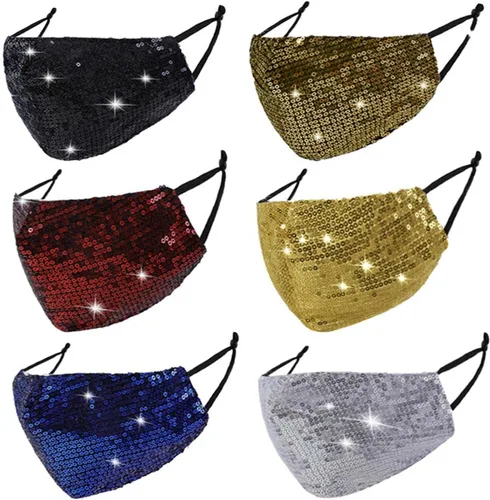 Vista 6 de 6 máscaras faciales lavables con purpurina para mujer. Transpirables, reutilizables, ajustables, a la moda, con bolsillo.
